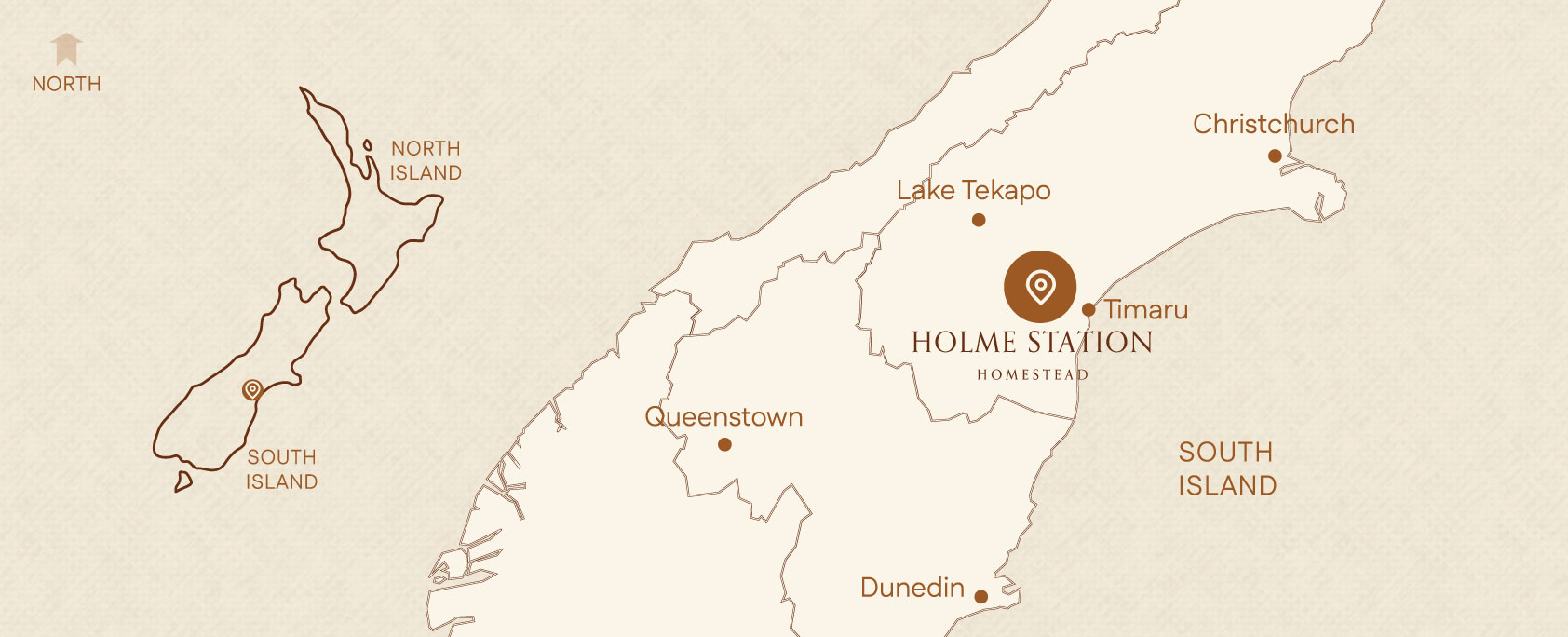 A sepia tone map of Holme Station's location in the South Canterbury Hunter Hills, in the South Island, New Zealand | Holme Station Homestead Boutique Lodge